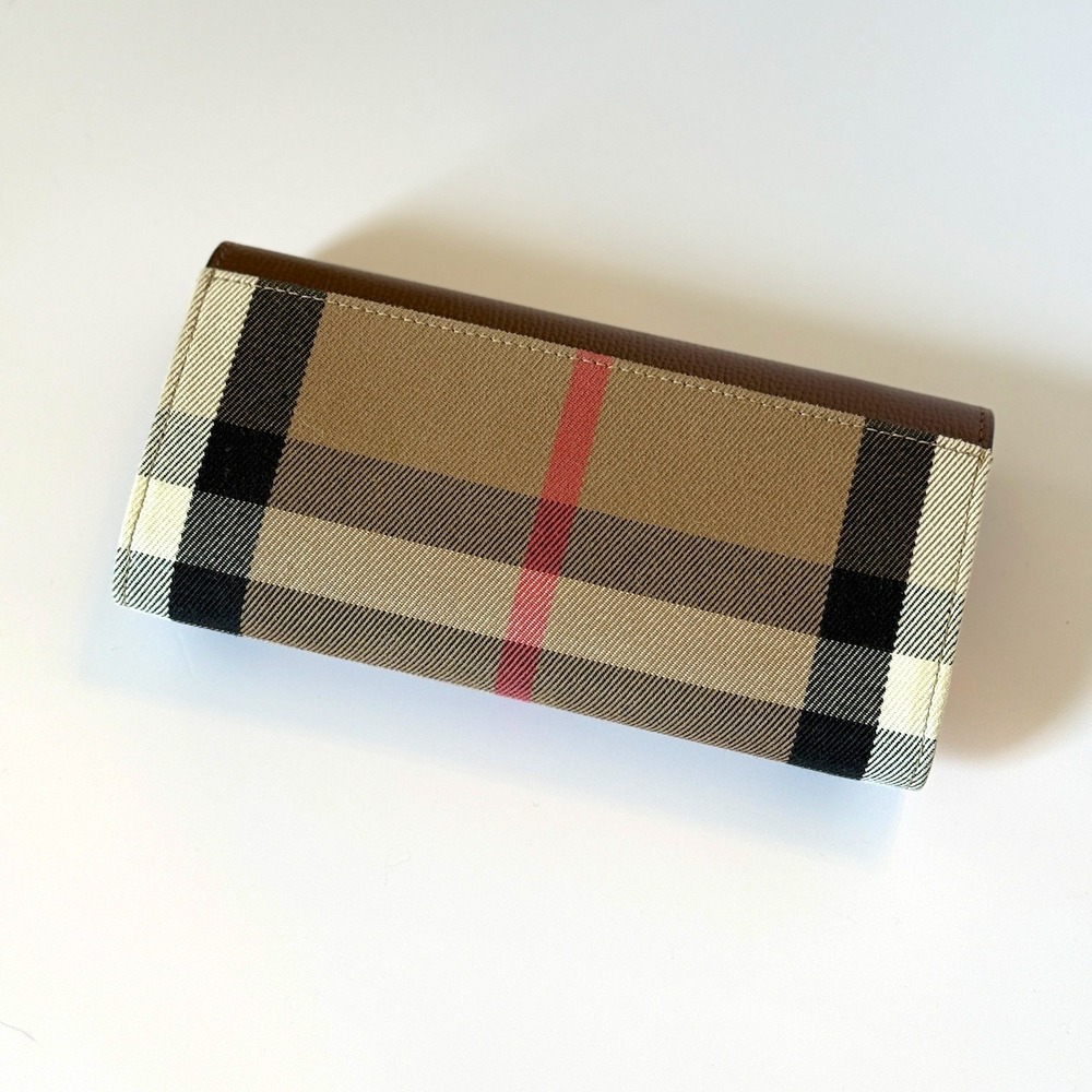 Burberry Classic Check Leather Envelope Continental Wallet Tan Beige Gold Snap - Picture 6 of 9